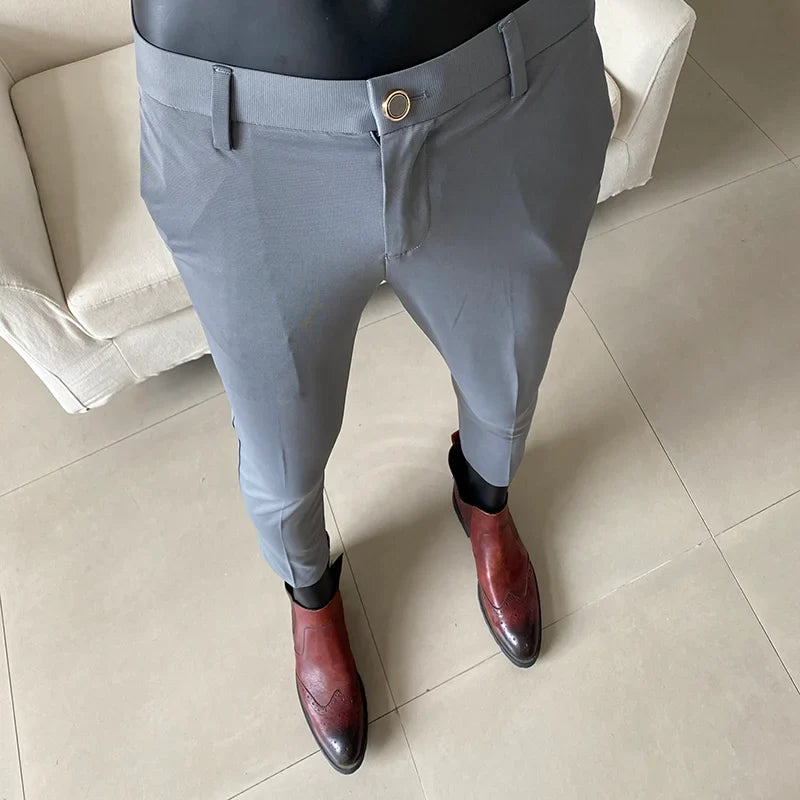 Summer New Light Thin Ice Silk Solid Color Casual Trousers High Quality Fashion Slim Fit Business Social Office Suit Pants