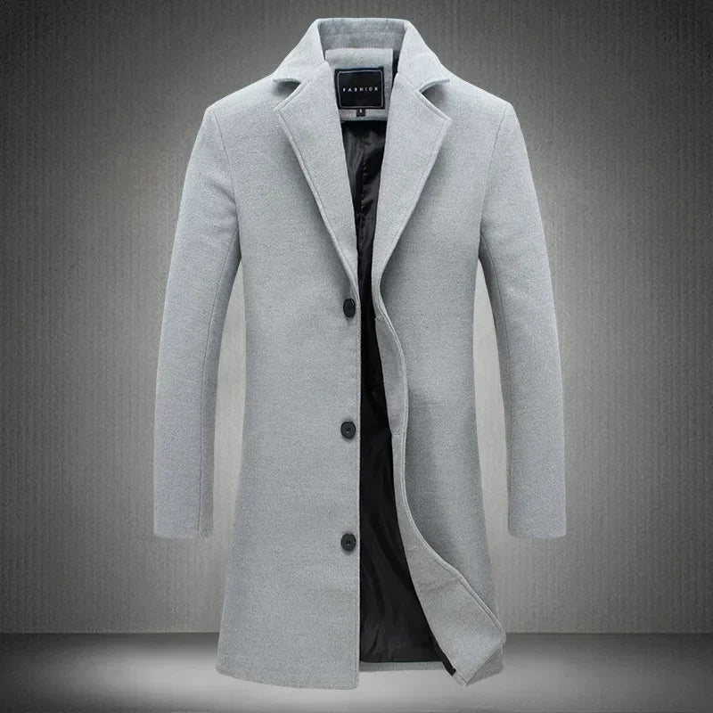 Men Long Cotton Coat 2025 Autumn Winter Wool Blend Pure Color Business Casual Slim Fit Windbreaker Jacket Fashion Men Clothing