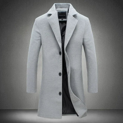 Men Long Cotton Coat 2025 Autumn Winter Wool Blend Pure Color Business Casual Slim Fit Windbreaker Jacket Fashion Men Clothing