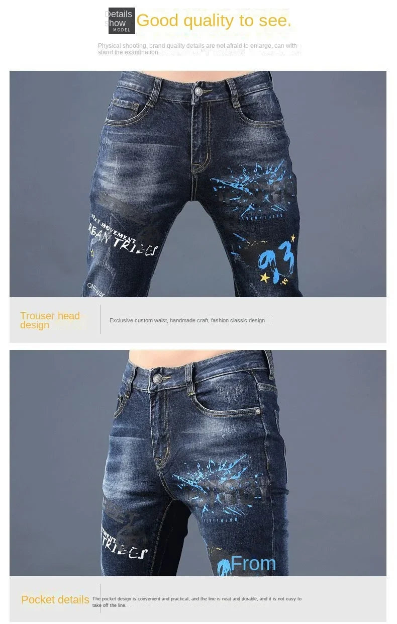 Harajuku Fashion Men's High-end Embroidered Jeans Korean Style Prints Patches Slim Fit Casual Spring Autumn Cowboy Trousers