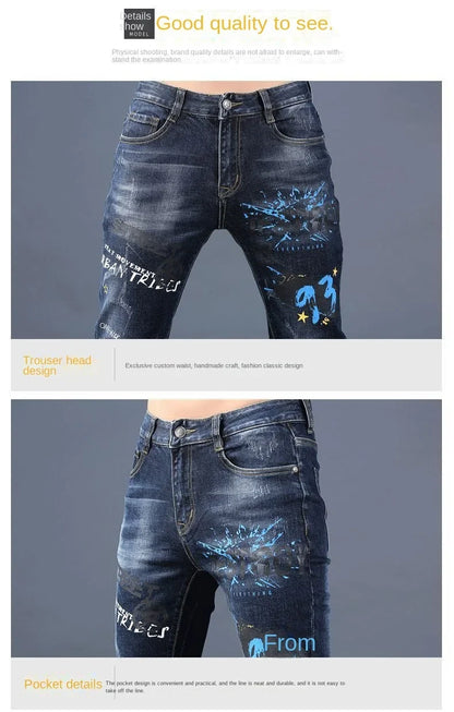 Harajuku Fashion Men's High-end Embroidered Jeans Korean Style Prints Patches Slim Fit Casual Spring Autumn Cowboy Trousers