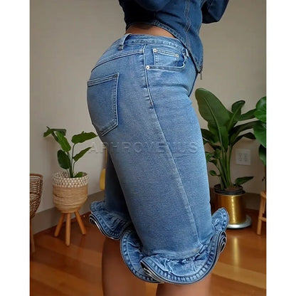 Wave Ruffle Hem Slim Denim Shorts Women Casual High Waist Slim Fit Ruffled Denim Shorts Fashion Slimming Streetwear