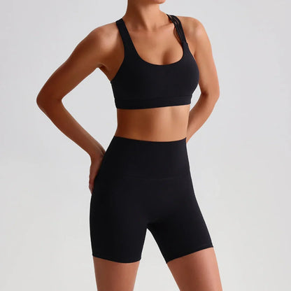 Solid Color Gym Yoga Set Short Legging Cross Back Shoulder Strap Sport Bra Tracksuit Women Suit Comprehensive Training Athletic
