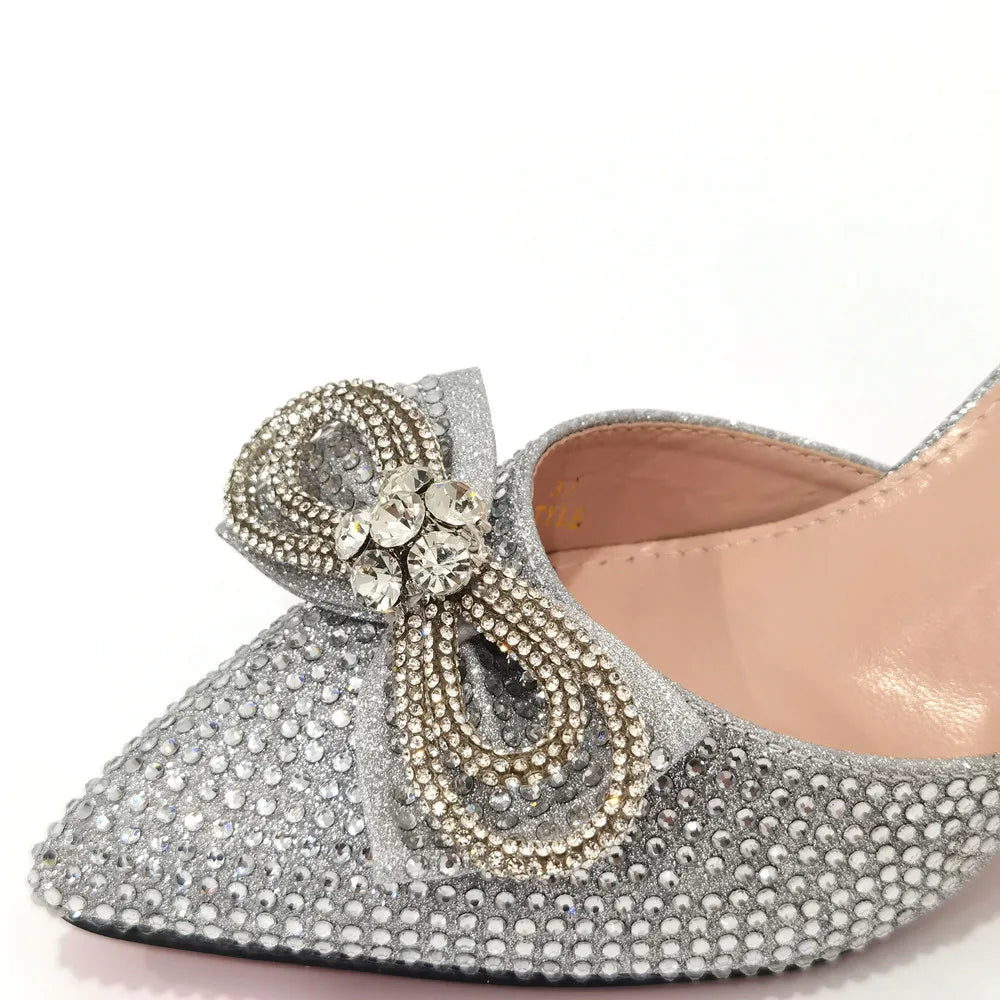 The Latest INS Style Rhinestone Bow Side Empty Party High Heels Pointed Toe Stiletto Heels Silver Women's Shoes And Bags