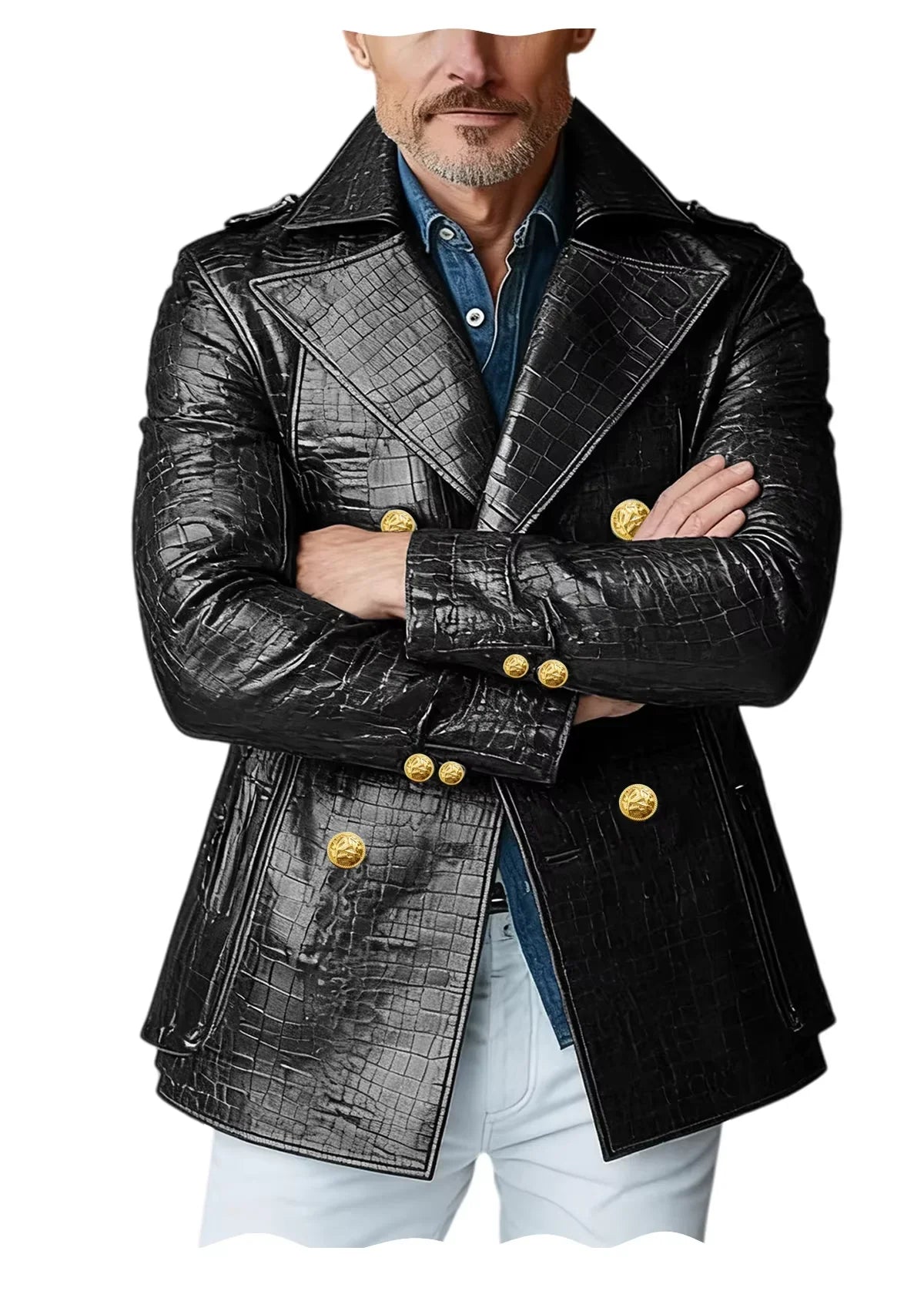 Men's Crocodile Embossed Leather Peacoat Double Breasted Gold Button Jacket Luxury Casual Overcoat