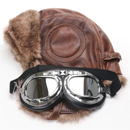 Men Winter Bomber Hat With Goggles Outdoor Motorcycle Windproof Warm Faux Fur Pilot Earflap Hat Leather Thermal Ushanka