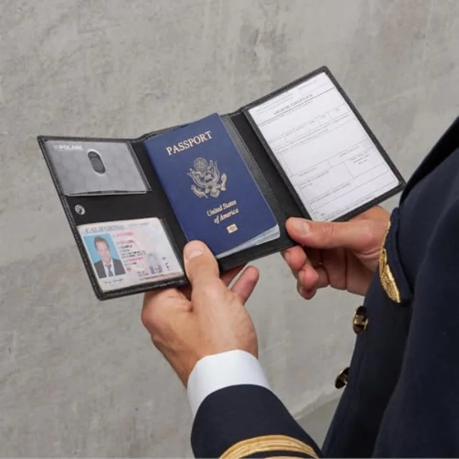 Polare Napa Leather Pilot Wallet Passport Holder RFID Blocking Tri-fold Travel Cover Document Organizer for Aviation Profession