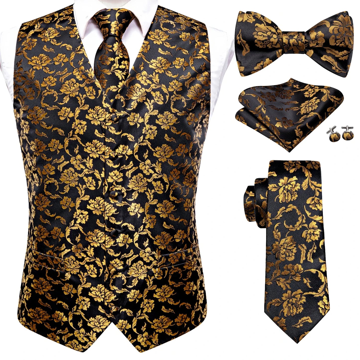 Luxury Silk Mens Vests Rose Gold Pink Striped Waistcoat Necktie Bowtie Hanky Cufflinks Set Waist Jacket For Men Wedding