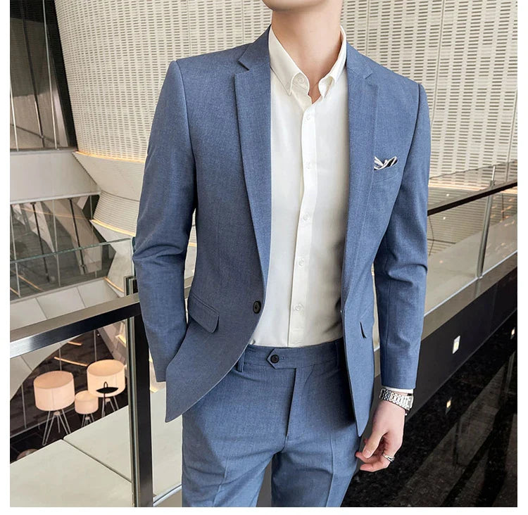 Men's Stylish Handsome Solid Color Suit Two-Piece Set M-4XL High Quality Formal Casual Banquet Fit Trousers Included