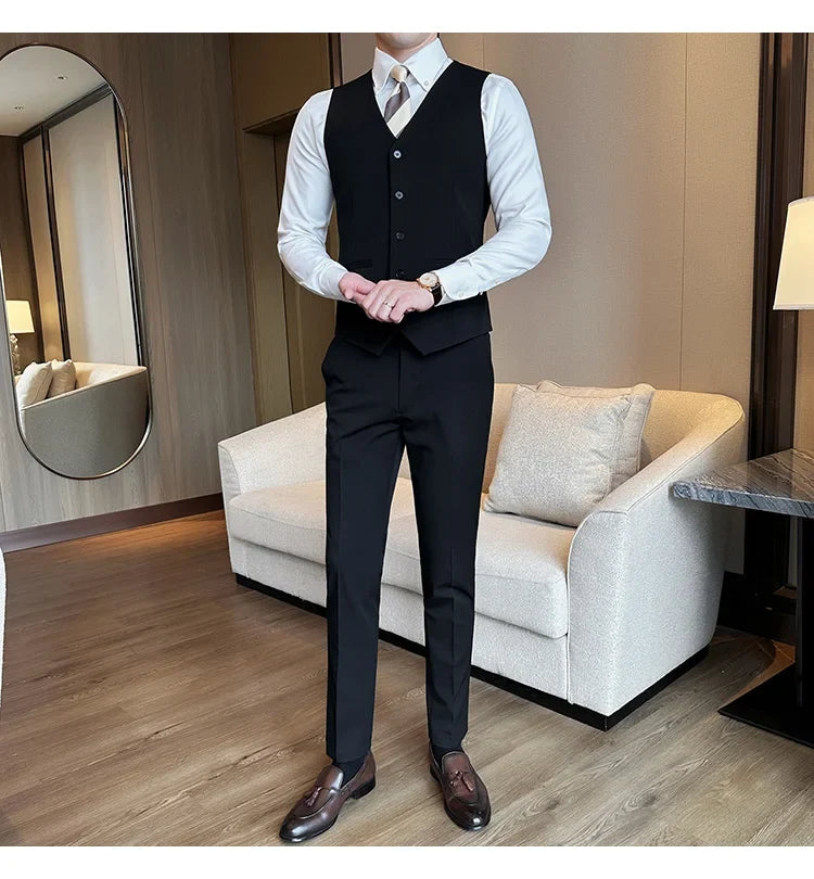 ( Vest + Pants) Men Luxury High Quality Business Suit Vest 2 pieces Formal Groom Wedding Dress Vest Set Fashion Club Clothing