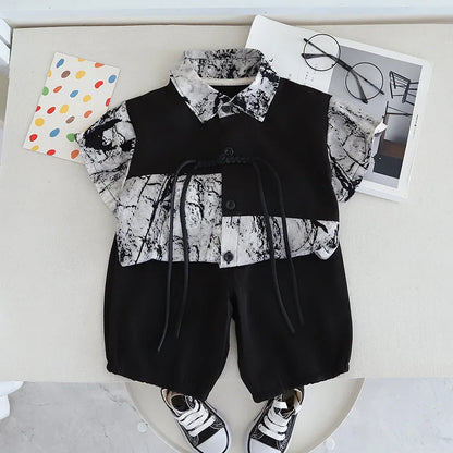 New Summer Suits for Baby Full Printed Kids Short Sleeve Lapel Button Down Shirts +shorts Toddler Boy Fashion Chinese Style Sets