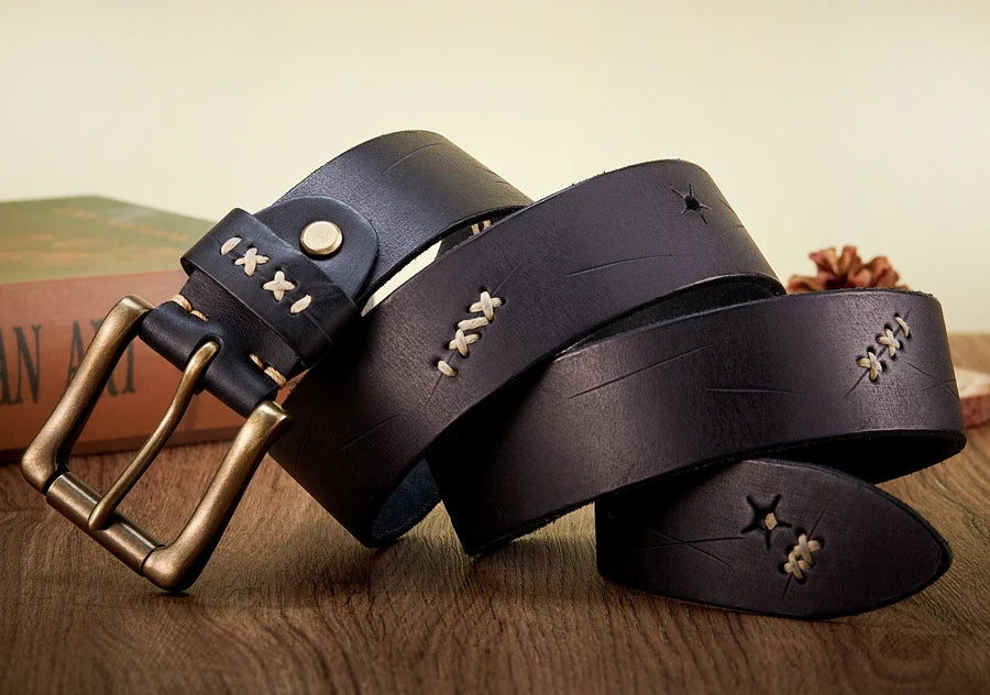 Vintage Genuine leather Luxury Handmade Leather Copper Buckle Man's Belt Cowhide Retro All-match Casual Jeans Soft Belt