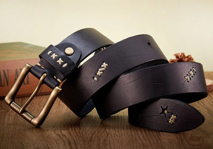 Vintage Genuine leather Luxury Handmade Leather Copper Buckle Man's Belt Cowhide Retro All-match Casual Jeans Soft Belt