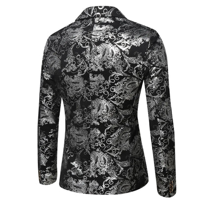 Men's Slim Fit Print Blazer Jacket 2025 Fashion Handsome Business Casual Silver Stage Show Suit Small Menswear
