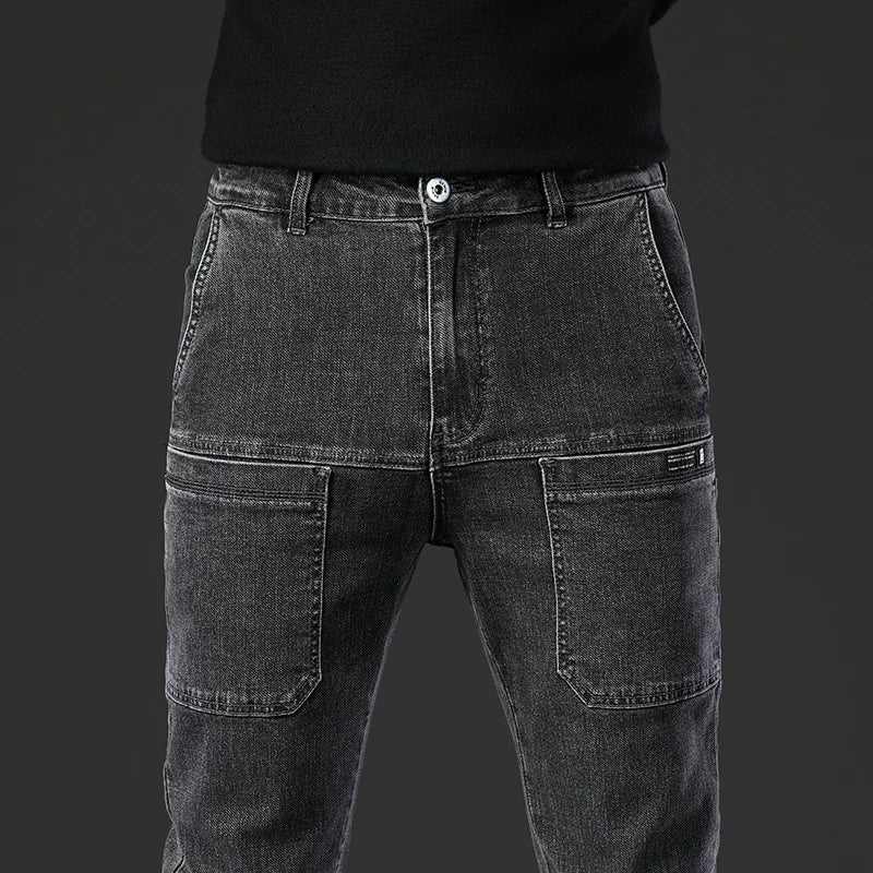 6 Pocket Design Denim Jeans Men's 2025 New High Elasticity Denim Casual Trousers Straight Male Pants Fashion Mid-waist Jeans