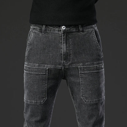 6 Pocket Design Denim Jeans Men's 2025 New High Elasticity Denim Casual Trousers Straight Male Pants Fashion Mid-waist Jeans