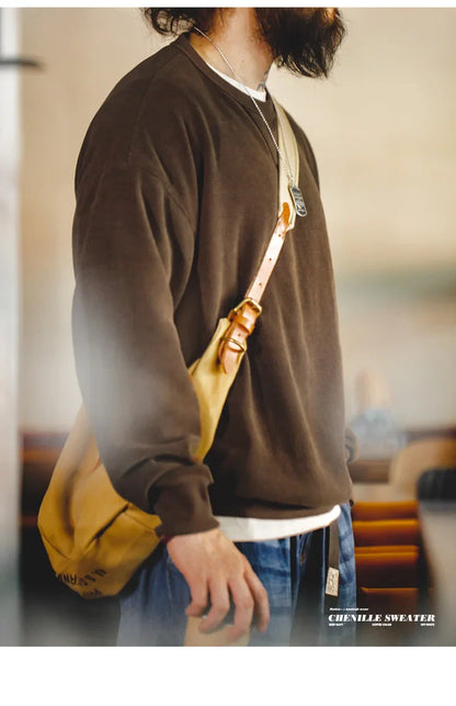 Heavyweight Round Collar Chenille Sweater for Men Spring and Autumn Basic Styles Long-sleeved Pullover Navy Blue T-shirts