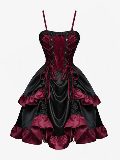 Gothic Lace Up Cinched Ruffles Layered Dress 2026 Women Summer New Deep Red Club,Cocktail & Party A Line Dresses Vestidos