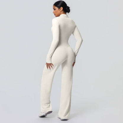 2pieces Quick Drying Sports Fitness Clothing Yoga Set Women Yoga Zipper Long Dleeves High Waisted Breathable Wide Leg Pants Set