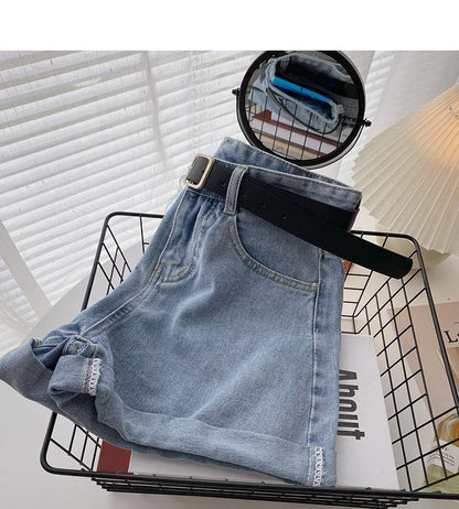 Wide Leg Denim Shorts With Belt Women Summer High Waist Pocket Hot Pants Streetwear Korean Fashion Casual Cowboy Jeans Shorts
