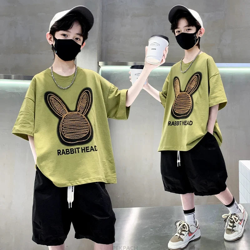 Cartoon Rabbit Boys Summer Clothing Two Piece Set Outfits Short Sleeved T-shirt Shorts Tracksuits Kids Children Casual Costumes