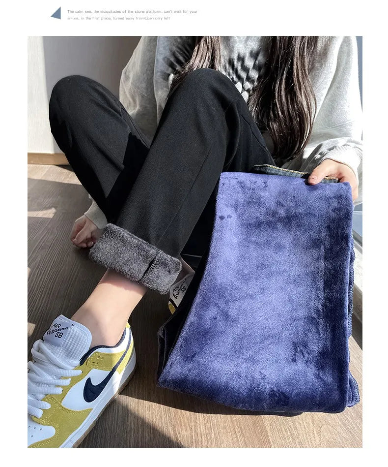 Black 2024 Winter Straight Fleece Jeans Women Casual Vintage Warm Thick Loose High Waist Elastic Velvet Denim Pants