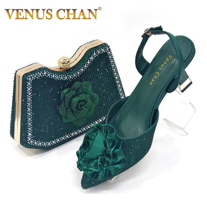 2025 Elegant Shiny Green Handbag & Medium Heel Shoe Set with Exquisite Handmade Floral Accents for Weddings & Parties