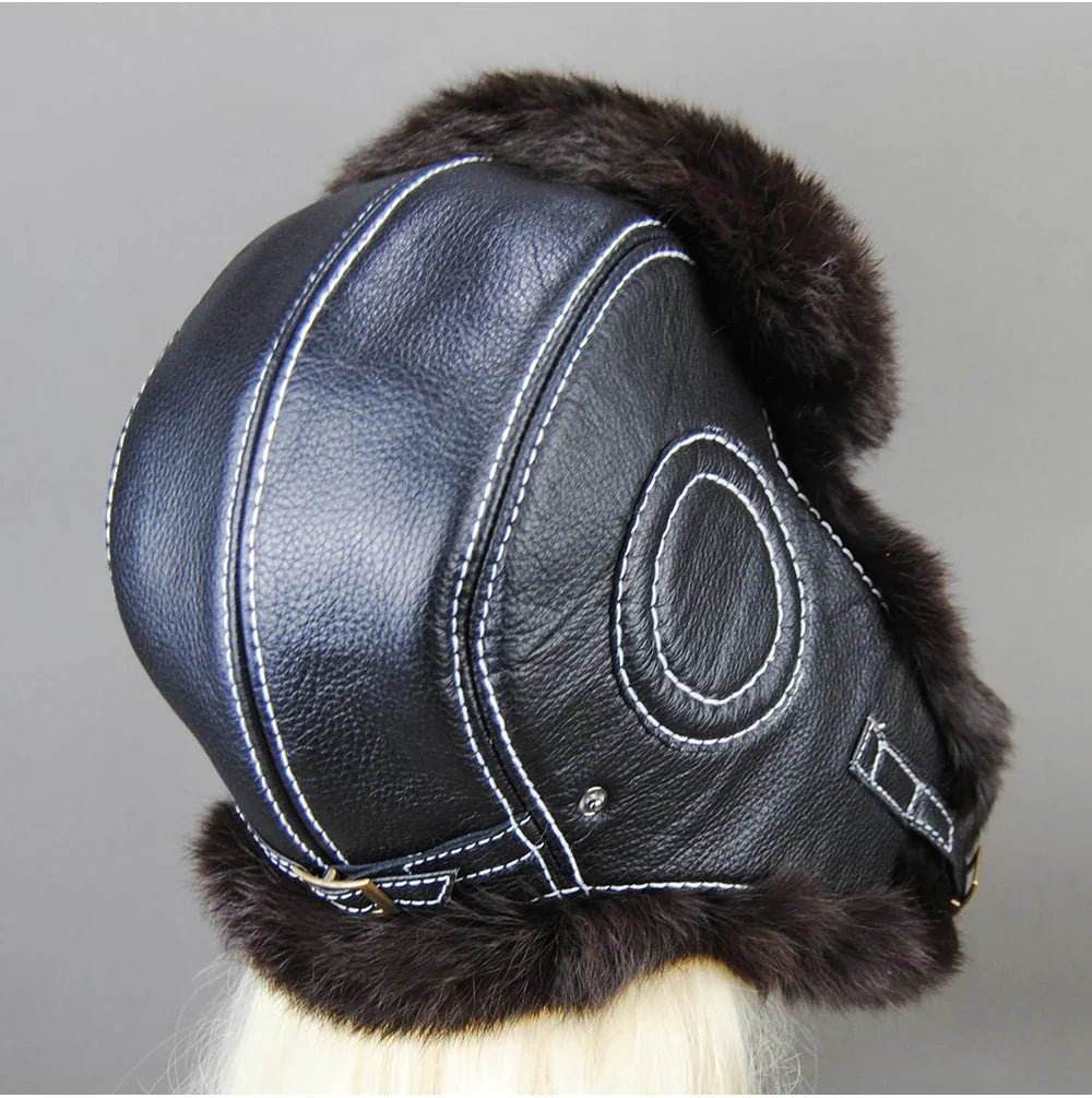 Hot Sale Winter Women's 100% Real Rabbit Fur Bomber Hat Ushanka Cap Trapper Russian Woman Ski Hats Caps Real Sheepskin Leather