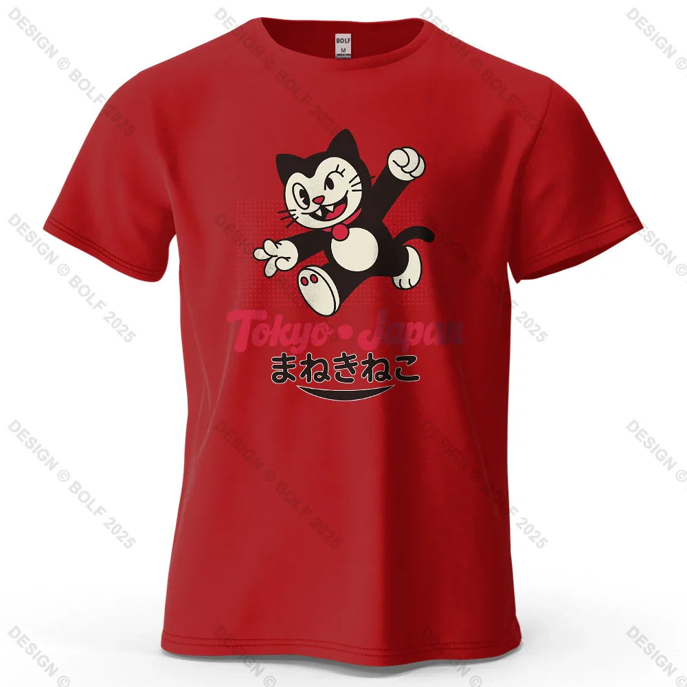 Tokyo Japan Maneki Neko Printed Men's T-Shirt 100% Cotton Oversized Cute Graphic Tees for Women Tops Tees Streetwear