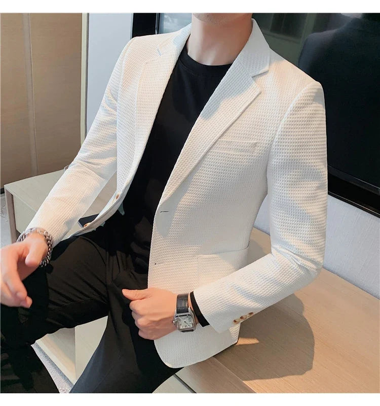 Plus Size 4XL-M Autumn New Waffle Suit Jacket Men Two Buttons Slim Fit Business Casual Blazers Homme Formal Groom Prom Tuxedo
