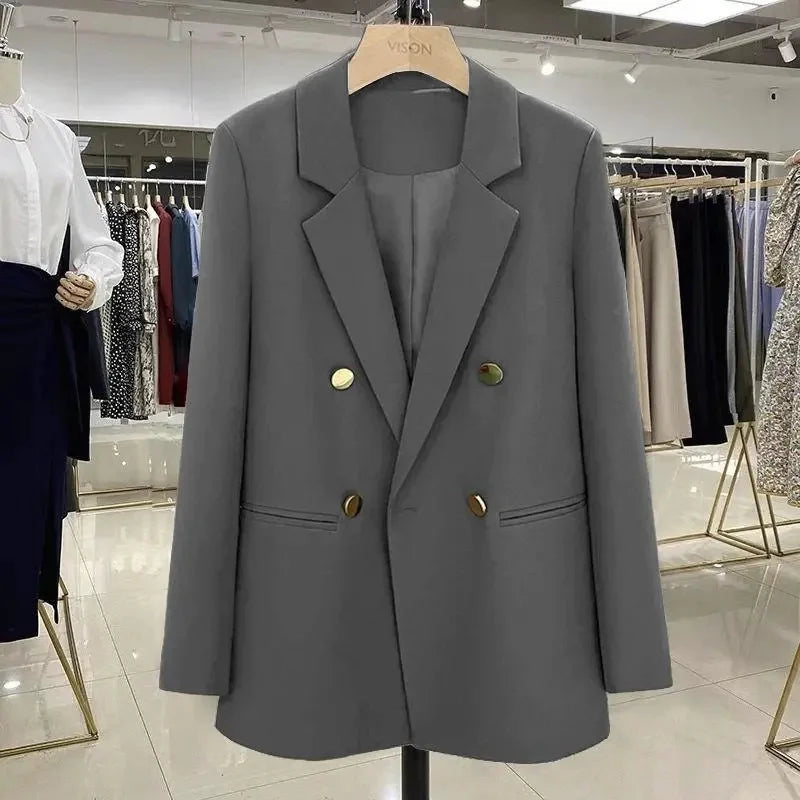 Blazer Woman Autumn Spring Long Sleeve Double Breatsed Lapel Loose Coat Slim Casual Jackets Office Ladies Vintage Blazers