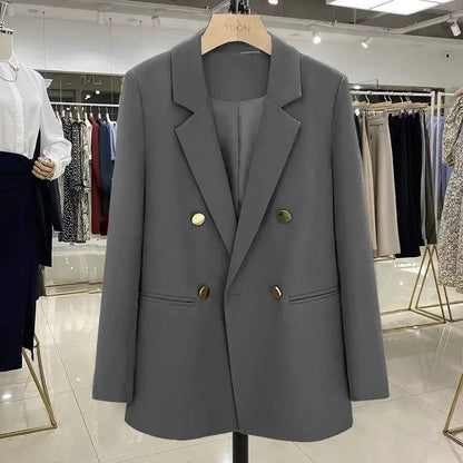 Blazer Woman Autumn Spring Long Sleeve Double Breatsed Lapel Loose Coat Slim Casual Jackets Office Ladies Vintage Blazers