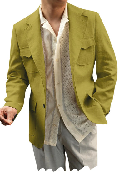 Classic Men's Linen Blazer Notched Lapel Slim Fit Breathable Elastic Suit Jacket with Flap Pockets for Wedding Prom Daily Wear
