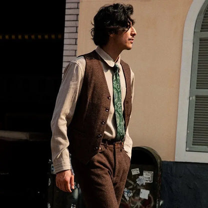 Vintage Men's Suit Vest V Neck Wool Herringbone Tweed Casual Classic Slim Fit Waistcoat Formal Business Wedding Groomsmen