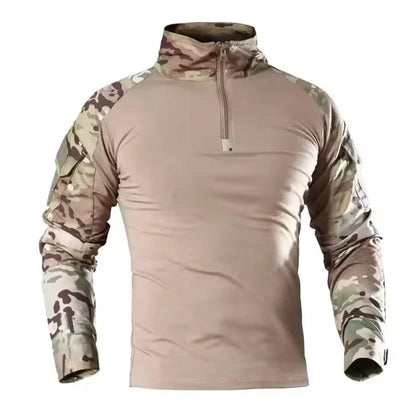 Men's Long Sleeve Combat Shirt Zipper Ripstop Cotton Tactical Shirts Navy Blue Camoufalge Airsoft T Shirts