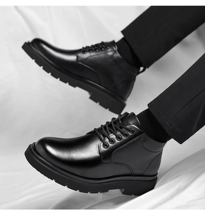 Mens Black Leather Lace Up Mid Top Boots Winter Warm Formal Business Office Wedding Shoes Black Work Boots Fashionable Dad Shoes