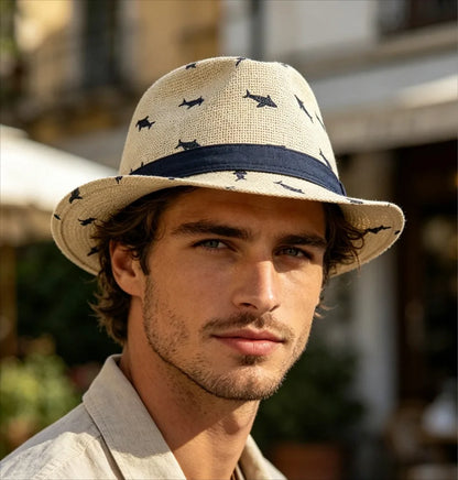 2026 Men's Breathable Straw Fedora Hat with Tropical Print UV Protection Beach Vacation Casual Jazz Cap for Summer