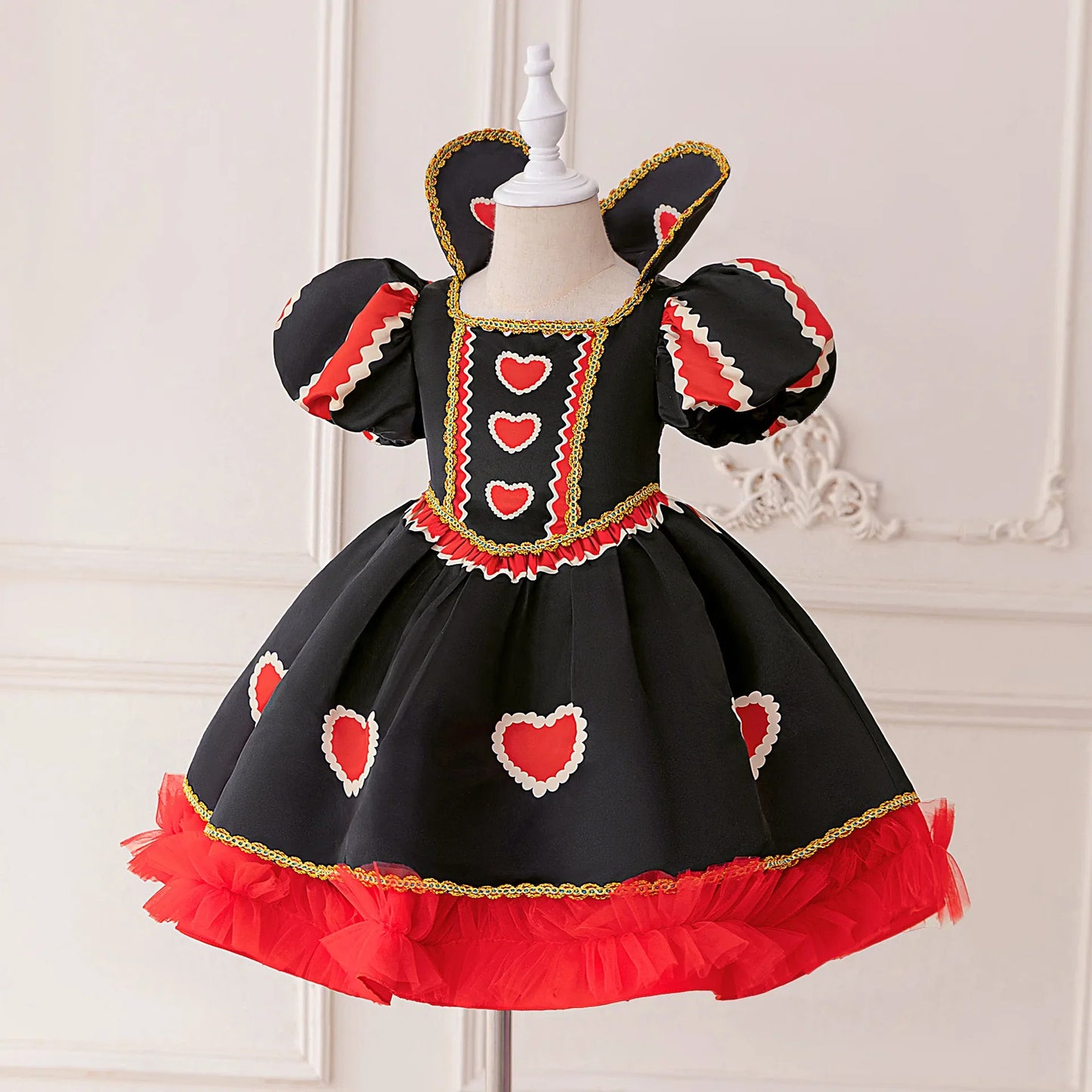 Halloween Red Queen Costume Girls Queen of Hearts Costume with Heart Details Stand Collar Red Black White Carnival Dress