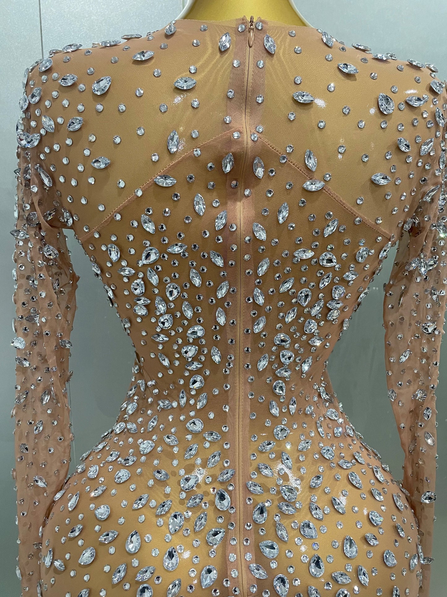Sexy Shinny Rhinestone Stretch Mesh Transparent Long Dress 2025New Women Evening Birthday Party Prom Nightclub Singer Stage Wear