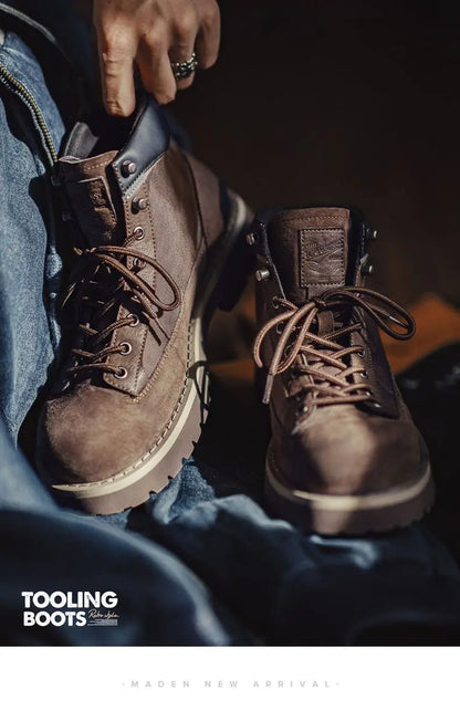 Maden Men's Vintage Splice Suede Work Boots Chunky Sole Round Toe Combat Boots Lace-Up Ankle Boots for Desert Hiking & Casual