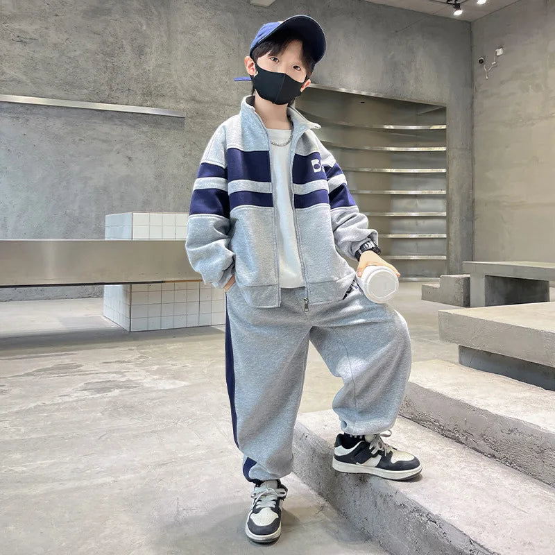Boys Contrast Alphabet Full Zip Sweatshirt Jacket+Sweatpant Workout Set School Kids 2PCS Tracksuit Children Jogger Outfit 5-16Yr