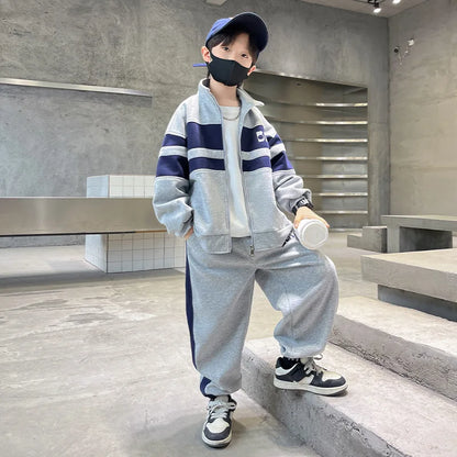 Boys Contrast Alphabet Full Zip Sweatshirt Jacket+Sweatpant Workout Set School Kids 2PCS Tracksuit Children Jogger Outfit 5-16Yr