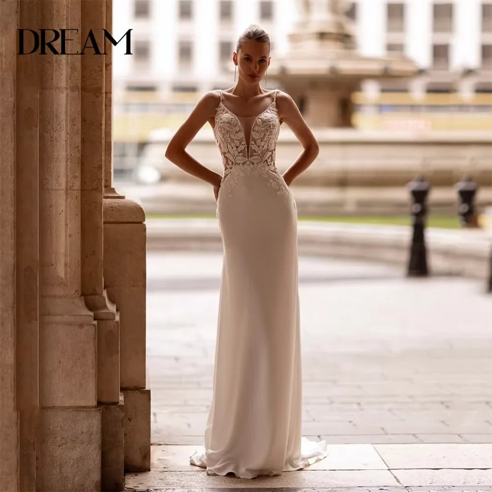 Modern Lace Mermaid Wedding Dress V-Neck Spaghetti Straps Open Back Applique Sleeveless Bridal Gown Vestidos De Novia Customized