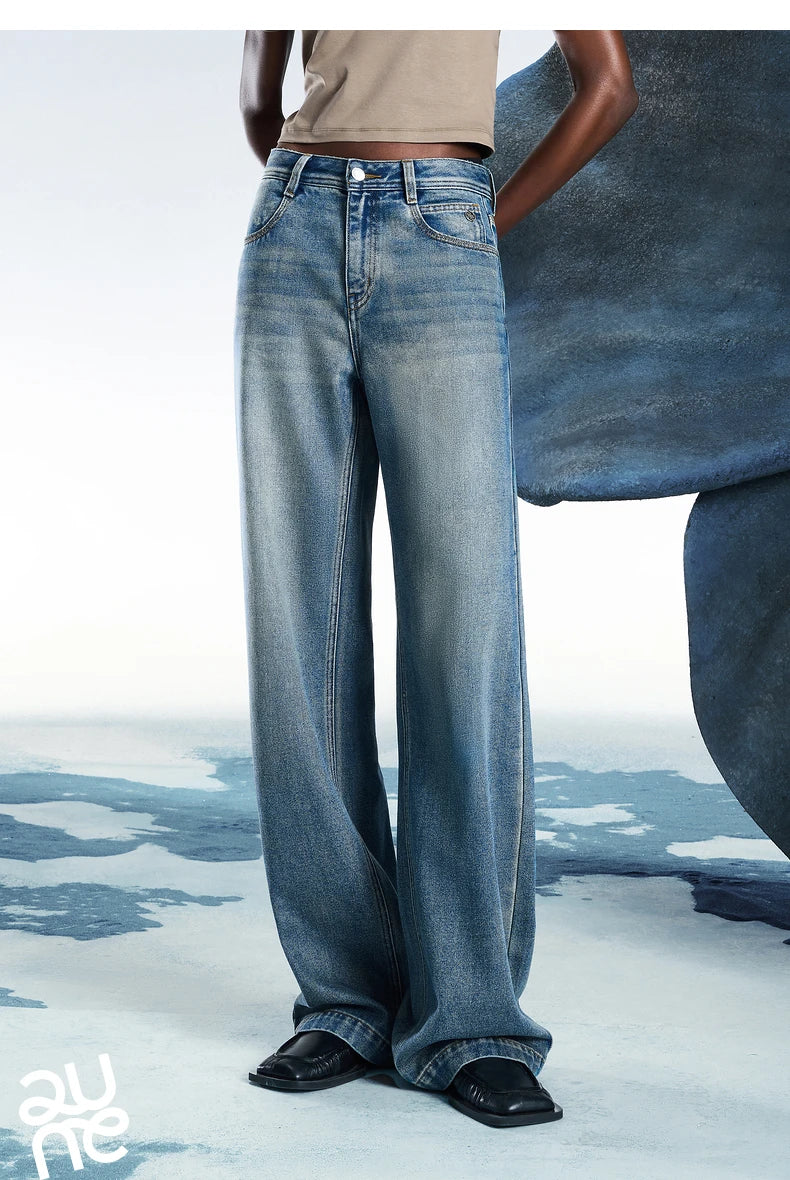 Women Denim Jeans 2025 Spring New Acetate Wide Leg Mid Low Waist Slim Fit Straight Wide Leg Pants