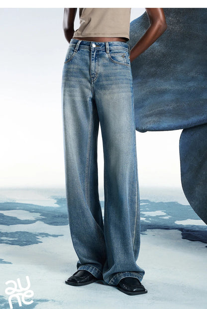Women Denim Jeans 2025 Spring New Acetate Wide Leg Mid Low Waist Slim Fit Straight Wide Leg Pants