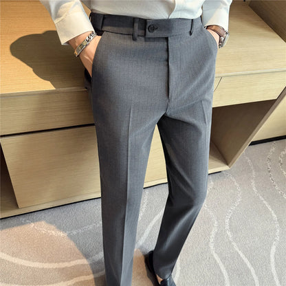 Spring Autumn New Elastic Waist Casual Trousers Male High Waist Dark Striped Slim Fit Pants Men Business Formal Casual Suit Pant