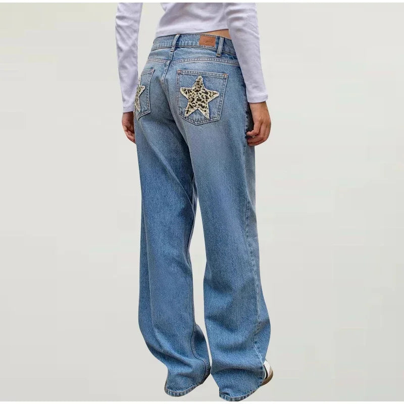 European and American Leopard Print Star Patch Jeans Street Women's High Waist Jeans Fashion Clothing Vintage Straight Trousers