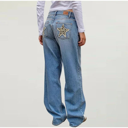 European and American Leopard Print Star Patch Jeans Street Women's High Waist Jeans Fashion Clothing Vintage Straight Trousers