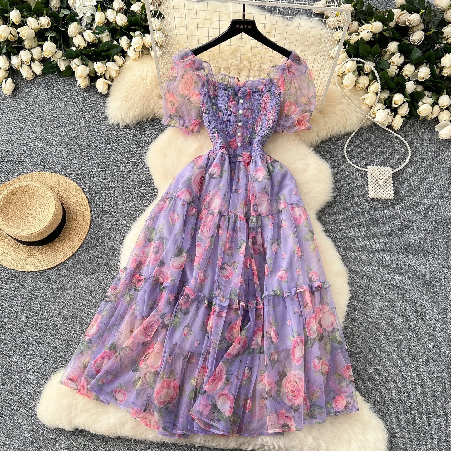 Retro Floral Chiffon Dr Women's Waist Cinched Bubble Sve Me Skirt Tea Break Gentle Soft Sle Korean High Waist A-Lin...