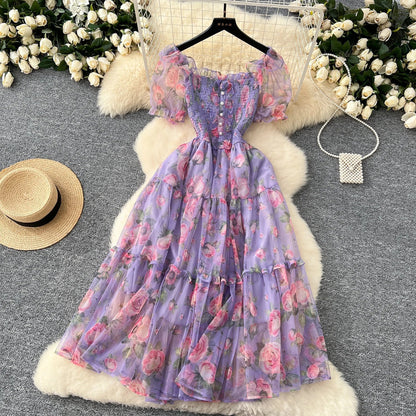 Retro Floral Chiffon Dr Women's Waist Cinched Bubble Sve Me Skirt Tea Break Gentle Soft Sle Korean High Waist A-Lin...